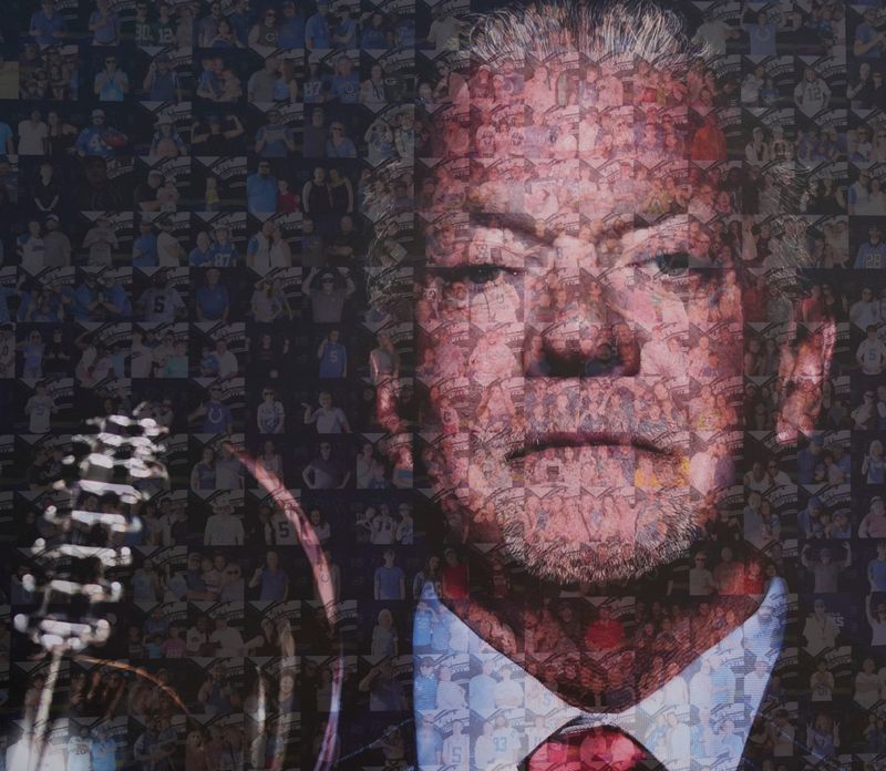 A photo mosaic of former Indianapolis Colts owner Jim Irsay is on display Sunday, Sept. 7, 2025, before a game between the Indianapolis Colts and Miami Dolphins at Lucas Oil Stadium in Indianapolis.