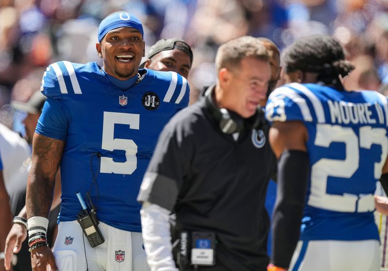 Indianapolis Colts quarterback Anthony Richardson Sr. (5) stands on the sidelines Sunday, Sept. 7, 2025, during the game at Lucas Oil Stadium in Indianapolis. The Indianapolis Colts defeated the Miami Dolphins, 33-8.