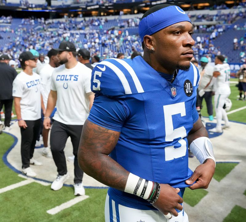 Indianapolis Colts quarterback Anthony Richardson Sr. (5) leaves the field following a game against the Miami Dolphins on Sunday, Sept. 7, 2025, at Lucas Oil Stadium in Indianapolis. The Colts defeated the Dolphins 33-8.