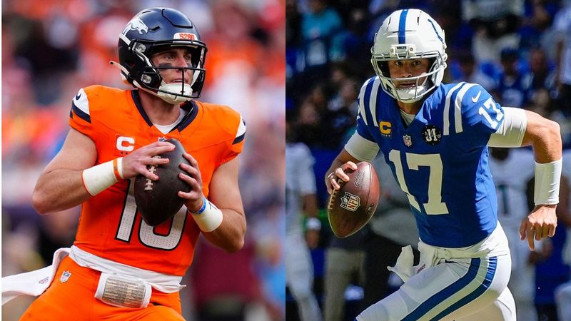 Denver Broncos quarterback Bo Nix (left); Indianapolis Colts quarterback Daniel Jones