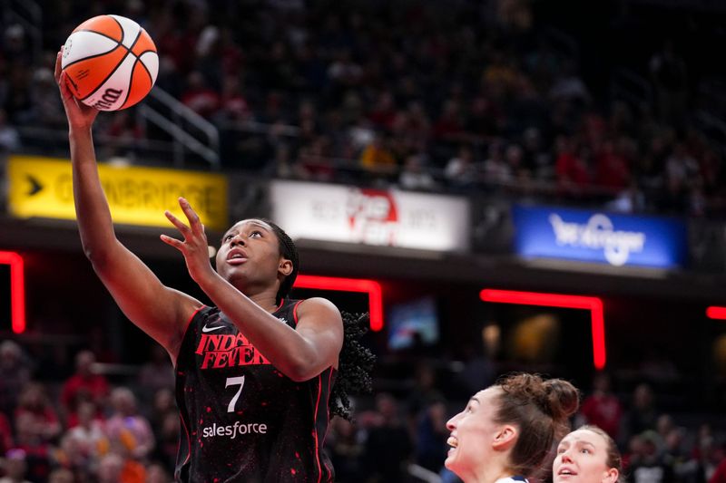 Indiana Fever forward Aliyah Boston (7) goes up for a basket Tuesday, Sept. 9, 2025, during a game between the Indiana Fever and the Minnesota Lynx at Gainbridge Fieldhouse in Indianapolis.