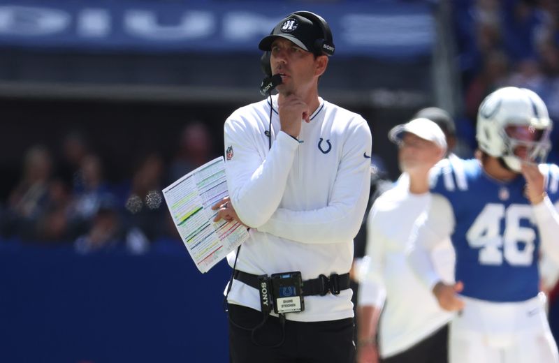 Sep 7, 2025; Indianapolis, Indiana, USA; Indianapolis Colts head coach Shane Steichen during the second half against the Miami Dolphins at Lucas Oil Stadium. Mandatory Credit: Trevor Ruszkowski-Imagn Images