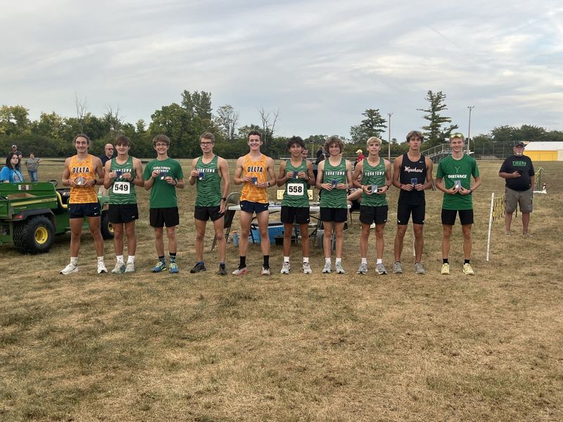2025 All-Delaware County cross country boys runners: (L-R) Delta's Nolan Hutchison, Yorktown's Owen Fouts, Cal Shanayda, and Isaiah Loney, Delta's Peyton Engle, Yorktown's Louie Pevler, Owen Lamb, and Thomas Loney, Wapahani's Mason Tomboni, and Yorktown's Wyatt Turner. Pevler placed fourth at the Marion sectional last season.