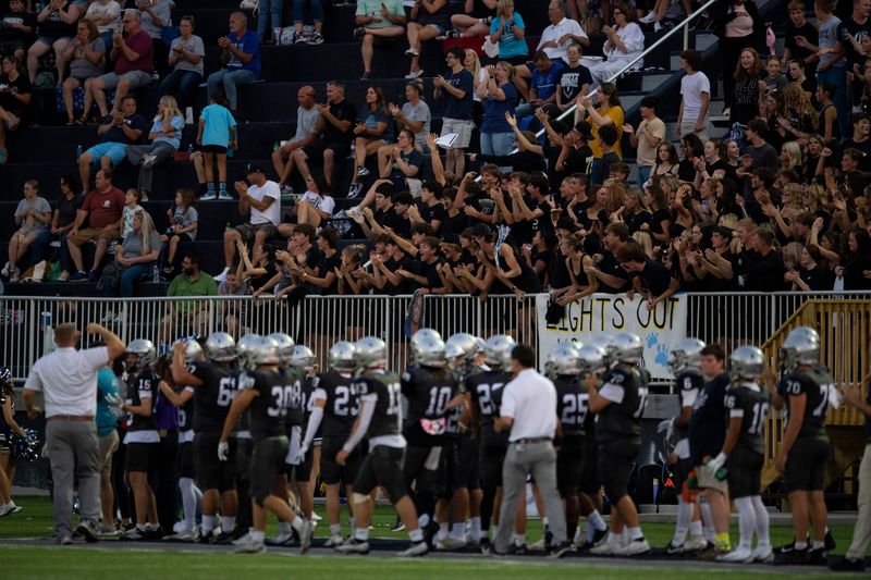 The crowd cheers as the Reitz Panthers play the North Huskies at the Reitz Bowl in Evansville, Ind., Friday, Sept. 12, 2025.