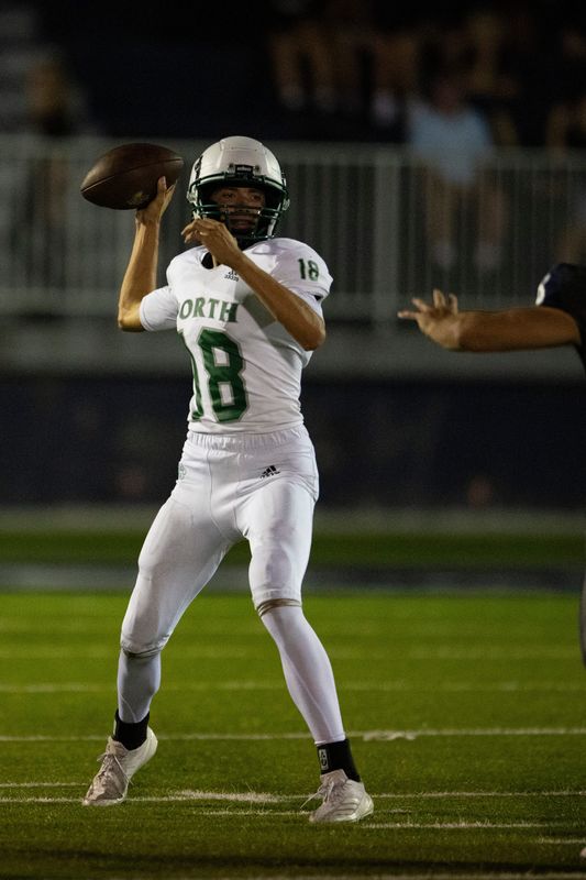 North’s Jayden Jones (18) passes as the Reitz Panthers play the North Huskies at the Reitz Bowl in Evansville, Ind., Friday, Sept. 12, 2025.