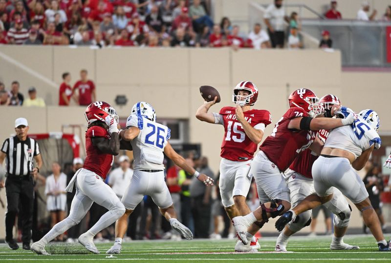 Indiana quarterback Fernando Mendoza throws a pass during the first half against the Indiana State Sycamores on Friday, Sept. 12, 2025, at Memorial Stadium.