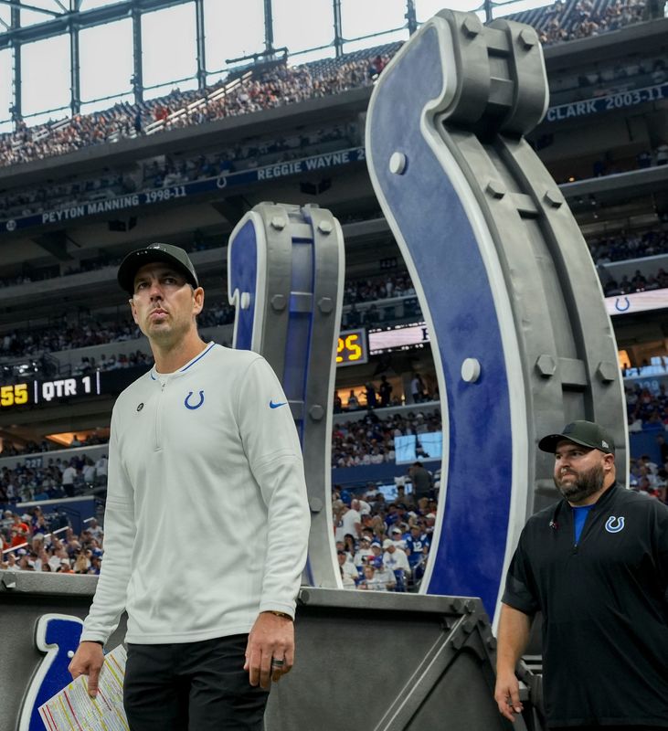 Indianapolis Colts head coach Shane Steichen takes the field Sunday, Sept. 14, 2025, during a game against the Denver Broncos at Lucas Oil Stadium in Indianapolis.
