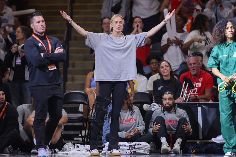 Sep 14, 2025; College Park, Georgia, USA; Indiana Fever guard Sophie Cunningham (8) reacts to a call against the Atlanta Dream in the fourth quarter during game one of round one for the 2025 WNBA Playoffs at Gateway Center Arena at College Park. Mandatory Credit: Brett Davis-Imagn Images