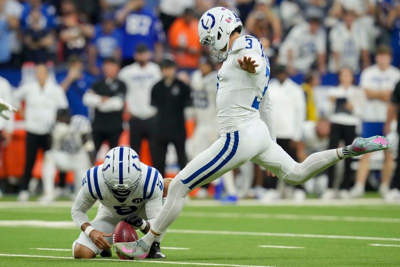 Indianapolis Colts place kicker Spencer Shrader (3) kicks a field goal to win the game Sunday, Sept. 14, 2025, during a game against the Denver Broncos at Lucas Oil Stadium in Indianapolis.