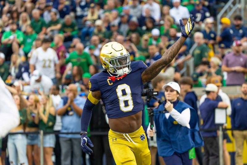 Sep 13, 2025; South Bend, Indiana, USA; Notre Dame Fighting Irish safety Adon Shuler (8) during warmups at before a game against the Texas A&M Aggies at Notre Dame Stadium. Mandatory Credit: Michael Caterina-Imagn Images