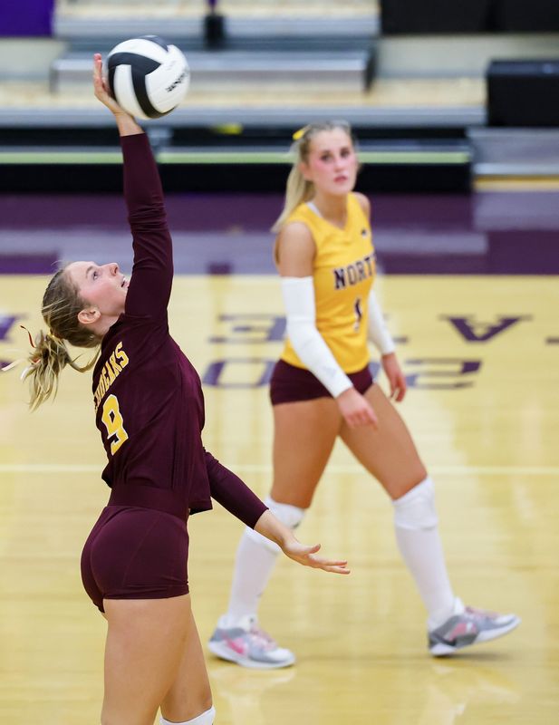 Bloomington North’s Oakley Yoder (9) hits the ball during the Bloomington South-Bloomington North volleyball match at South on Tuesday, Sept. 16, 2025.