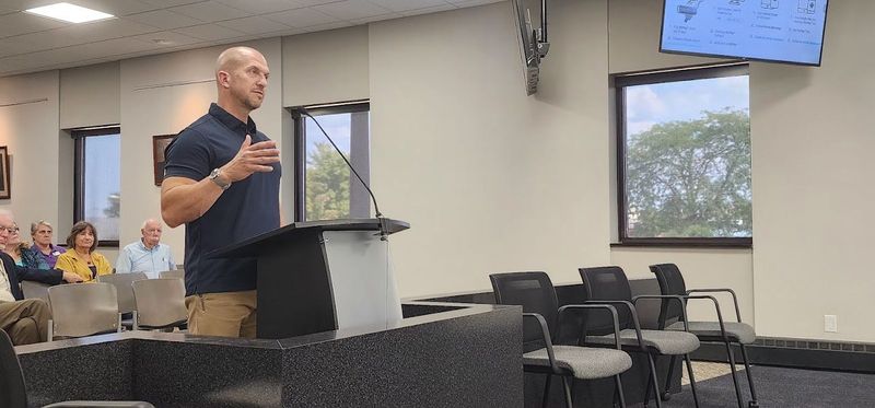Jake Phillips, Central Indiana area manager at Indianapolis-based Clark Dietz, Inc., speaks to the Richmond Redevelopment Commission about a project for the Depot District Gateway Intersection in Richmond, Tuesday, Sept. 16, 2025.
