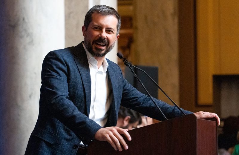 Former Transportation Secretary and Mayor of South Bend Pete Buttigieg speaks Thursday, Sept. 18, 2025, during a gerrymandering rally held at the Indiana Statehouse in Indianapolis.