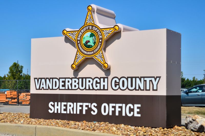 The entrance to the Vanderburgh County Sheriff's Office headquarters and county jail complex at 3500 N. Harlan Ave. in Evansville, as seen on Wednesday, Sept. 17, 2025.