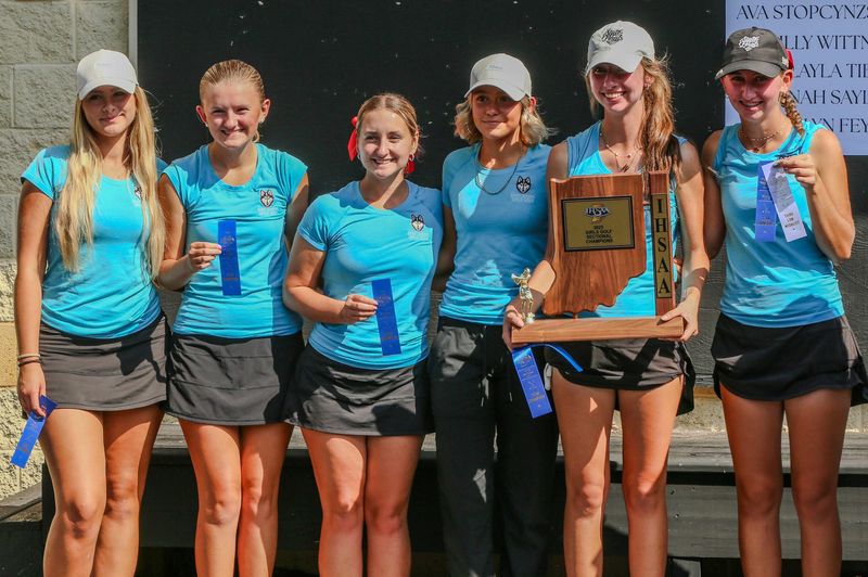 South Bend Saint Joseph poses for a team photo after winning IHSAA girls golf Sectional 4 at Knollwood Country Club in Granger, Sept. 19.