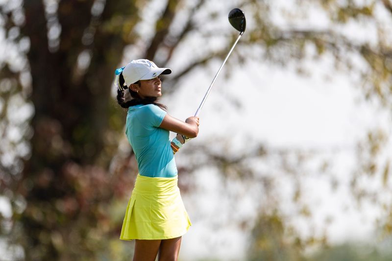Castle's Deeya Patel tees off during the 2025 IHSAA Girls Golf Sectional 23 at The Farm in Evansville, Ind., Saturday, Sept. 20, 2025.