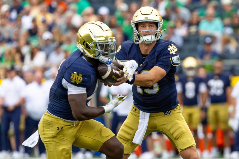 Notre Dame quarterback CJ Carr hands off to running back Jeremiyah Love against Purdue on Saturday, Sept. 20, 2025, at Notre Dame Stadium.
