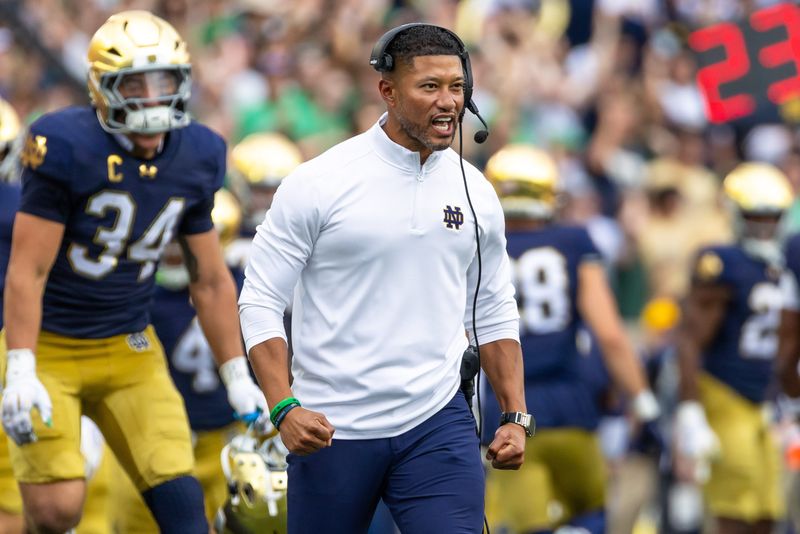 Notre Dame coach Marcus Freeman celebrates a turnover by the defense against the Purdue Boilermakers on Saturday, Sept. 20, 2025 at Notre Dame Stadium.