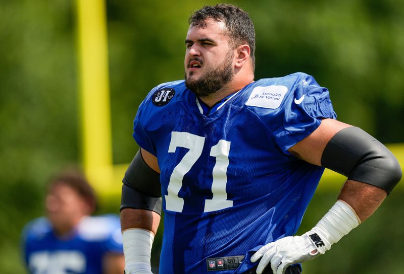 Indianapolis Colts offensive tackle Matt Goncalves (71) stands on the field Monday, Aug. 11, 2025, during Indianapolis Colts Training Camp at Grand Park in Westfield.