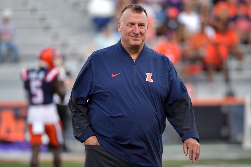 Aug 29, 2025; Champaign, Illinois, USA; Illinois Fighting Illini head coach Bret Bielema before a game with the Western Illinois Leathernecks at Memorial Stadium. Mandatory Credit: Ron Johnson-Imagn Images