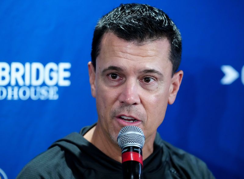Pacers general manager Chad Buchanan speaks to media members Thursday, Sept. 25, 2025, at Gainbridge Fieldhouse in Indianapolis.