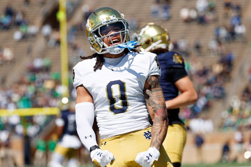 Notre Dame corner back DeVonta Smith celebrates during the Notre Dame Blue-Gold spring football game at Notre Dame Stadium on Saturday, April 12, 2025, in South Bend.
