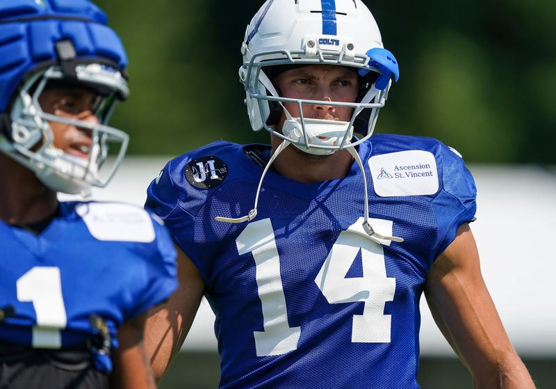 Indianapolis Colts wide receiver Alec Pierce (14) walks up the field Sunday, Aug. 10, 2025, during Indianapolis Colts Training Camp at Grand Park in Westfield.