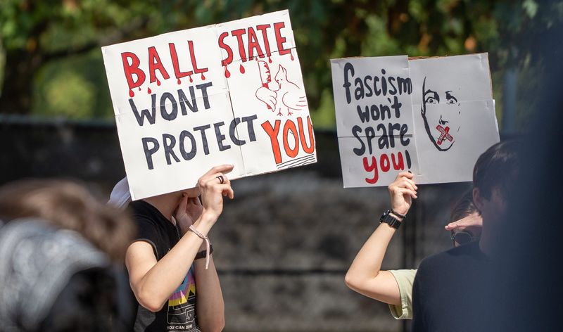A protest for free speech is held Wednesday, Sept. 24, 2025, at Peace Plaza on the Ball State University campus.