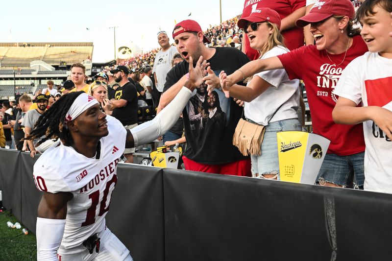 Indiana defensive back Ryland Gandy reacts with fans after the game against the Iowa Hawkeyes on Saturday, Sept. 27, 2025 at Kinnick Stadium in Iowa City, Iowa.