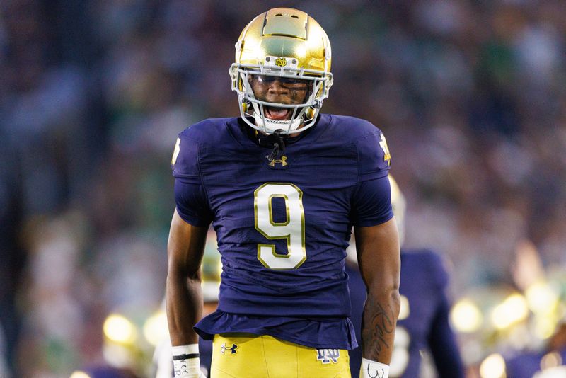 Notre Dame safety Tae Johnson celebrates after getting a stop in the first half of a NCAA football game against Texas A&M at Notre Dame Stadium on Saturday, Sept. 13, 2025, in South Bend.