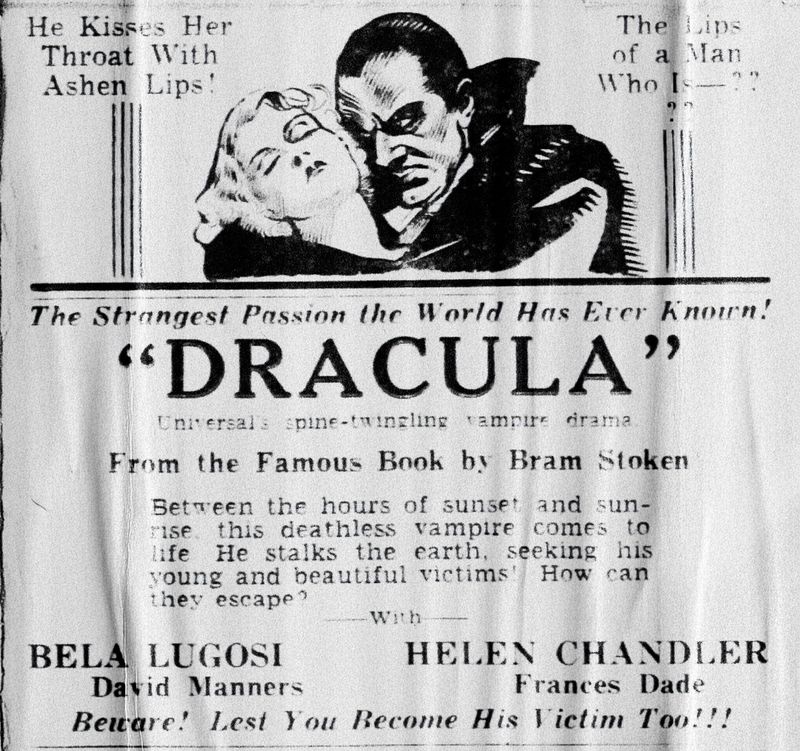 Rivoli Theater's 1931 ad for the movie "Dracula" from the Muncie Star, 1931.