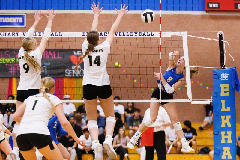 Elkhart's Rylee Drummond (8) hits the ball during an IHSAA girls volleyball game between Elkhart and Penn at Elkhart High School on Thursday, Oct. 2, 2025, in Elkhart.