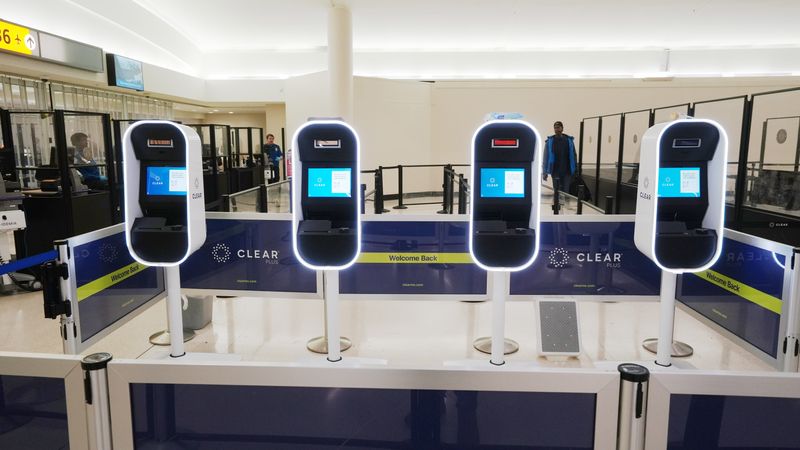 Jan 9, 2024; Columbus, OH, USA; Clear scanners at the John Glenn International Airport in Columbus. Clear Secure, Inc. is a technology company that operates biometric travel document verification systems at some major airports and stadiums. Construction could start as early as next year on a proposed new $2-billion terminal at John Glenn Columbus International Airport, designed to provide a more efficient, more modern and more comfortable experience for travelers.
