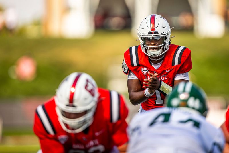 Ball State redshirt senior quarterback Kiael Kelly (1) snaps the football against Ohio during the second half Saturday, Oct. 4, 2025, at Scheumann Stadium. Amber Pietz / For The Star Press