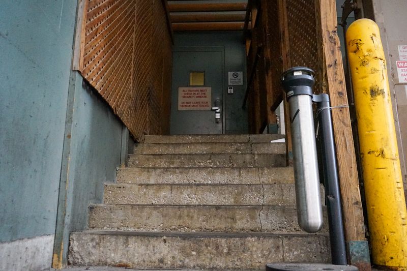 A security door behind the Westin Indianapolis that court documents say a 69-year-old-man tried to enter before fighting Fox Sports analyst Mark Sanchez on Oct. 4, 2025 in downtown.