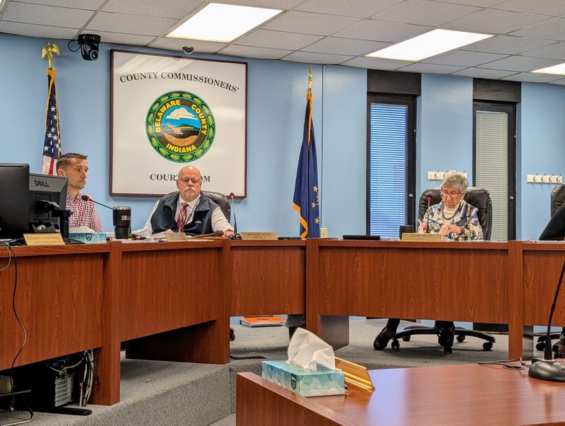 Delaware County commissioners gather Tuesday, Oct. 7, 2025, to consider changes to a county solar ordinance. From left commissioner Stephen Brand, President of Commissioners Shannon Henry and commissioner Sherry Riggin.