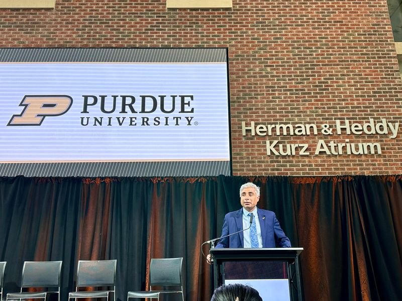 Arvind Raman, dean of the College of Engineering at Purdue University, addressed a crowd in Neil Armstrong Hall on Sept. 23, 2025.