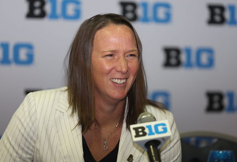 Purdue coach Katie Gearlds speaks during Big Ten women's basketball media days on Wednesday, Oct. 8, 2025 at the Donald E. Stephens Convention Center in Rosemont, Illinois.