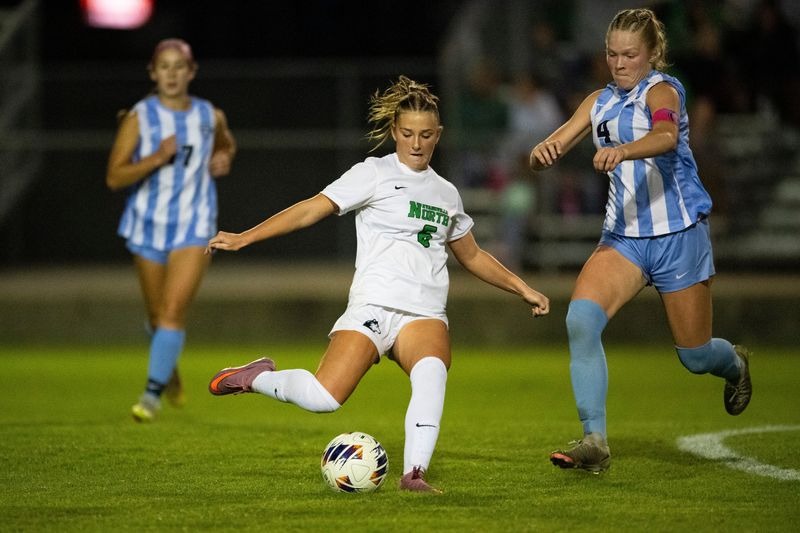 North's Kayla Delph (6) passes as the Reitz Lady Panthers play the North Lady Huskies in the 2025 IHSAA Class 3A Girls Soccer sectional semifinal at Castle High School in Newburgh, Ind., Thursday, Oct. 9, 2025.