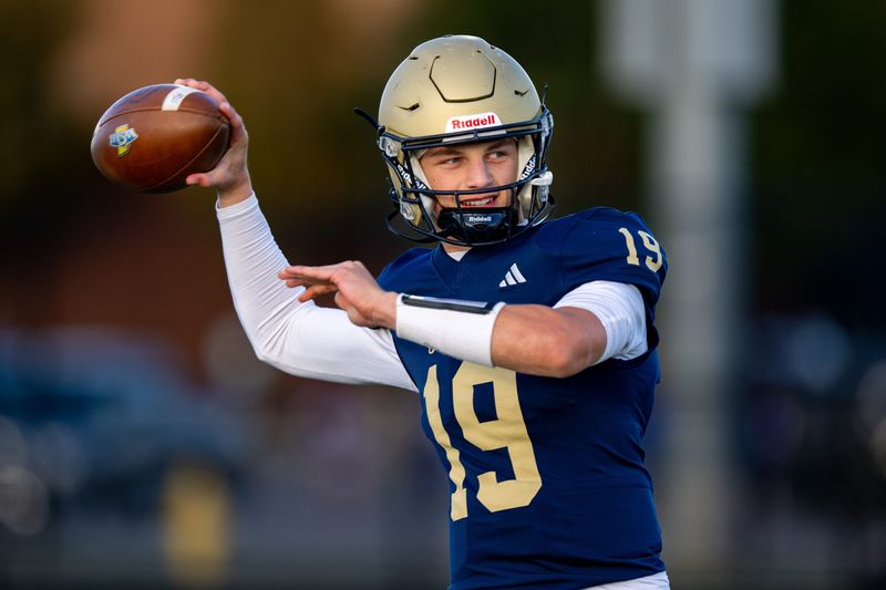 Tri-West Hendricks High School junior Jack Sorgi (19) warms up on the field before the start of an IHSAA varsity football game against Bishop Chatard High School, Friday, Oct. 10, 2025, at Tri-West Hendricks High School.