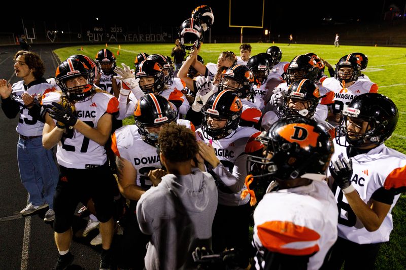 Dowagiac celebrates after winning a MHSAA football game 40-26 against Buchanan at Buchanan High School on Friday, Oct. 10, 2025, in Buchanan, Michigan.