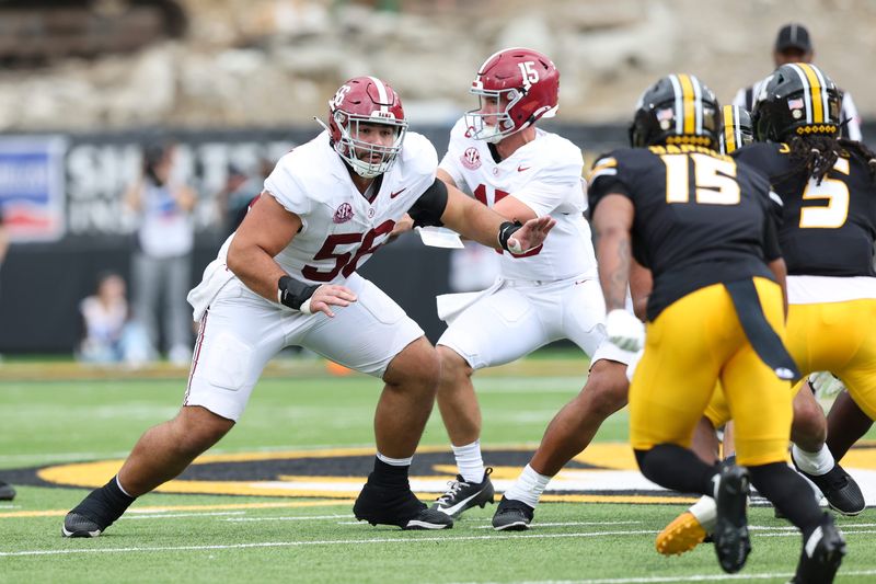 Oct 11, 2025; Columbia, Missouri, USA; Alabama Crimson Tide offensive lineman Geno Vandemark (56) blocks against the Missouri Tigers during the first half at Faurot Field at Memorial Stadium. Mandatory Credit: Reese Strickland-Imagn Images