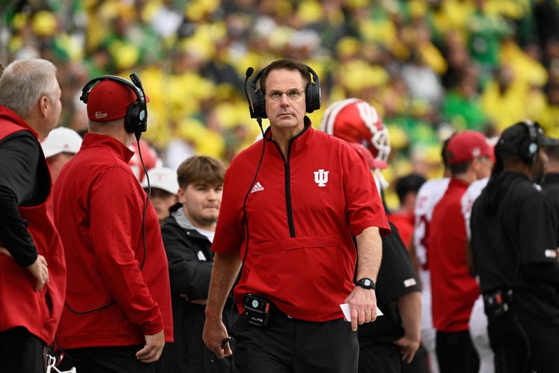 Indiana Hoosiers coach Curt Cignetti looks up at the scoreboard against the Oregon Ducks on Saturday, Oct. 11, 2025, at Autzen Stadium in Eugene, Oregon.