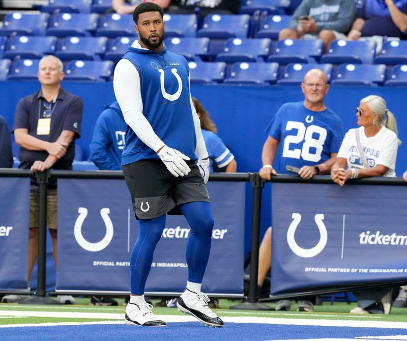 Indianapolis Colts defensive tackle Deforest Buckner (99) warms up before a game against the Arizona Cardinals on Sunday, Oct. 12, 2025, at Lucas Oil Stadium in Indianapolis