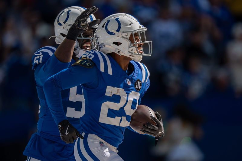 Indianapolis Colts cornerback Mekhi Blackmon (29) celebrates an interception Sunday, Oct. 12, 2025, against the Arizona Cardinals at Lucas Oil Stadium in Indianapolis.