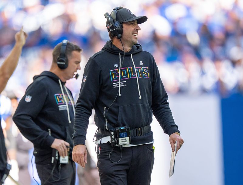 Indianapolis Colts head coach Shane Steichen walks the sideline during the game Sunday, Oct. 12, 2025, against the Arizona Cardinals at Lucas Oil Stadium in Indianapolis.