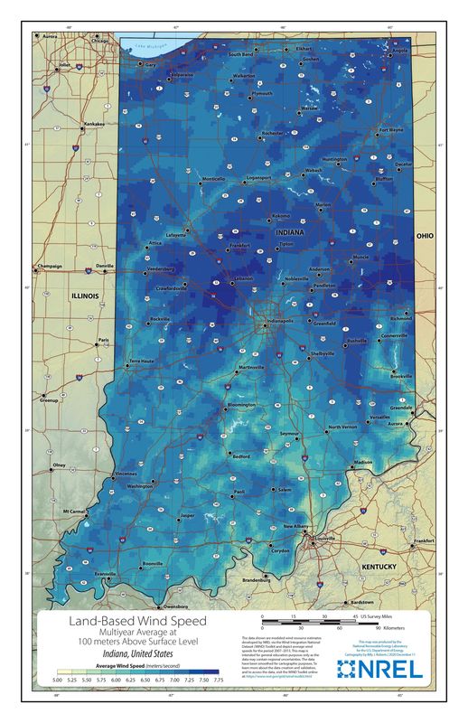 Wind speeds above 6.5 meters per second at 80-meter heights are considered "suitable" for wind energy plant development, according to the Department of Energy, and the high speeds in north and central Indiana have enticed wind developers.