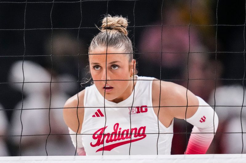 Indiana Hoosiers middle blocker Victoria Gray (23) prepares for the serve Thursday, Oct. 16, 2025, during the Monon Spike Match between the Indiana Hoosiers and the Purdue Boilermakers at Gainbridge Fieldhouse in Indianapolis. The Purdue Boilermakers defeated the Indiana Hoosiers in four sets.