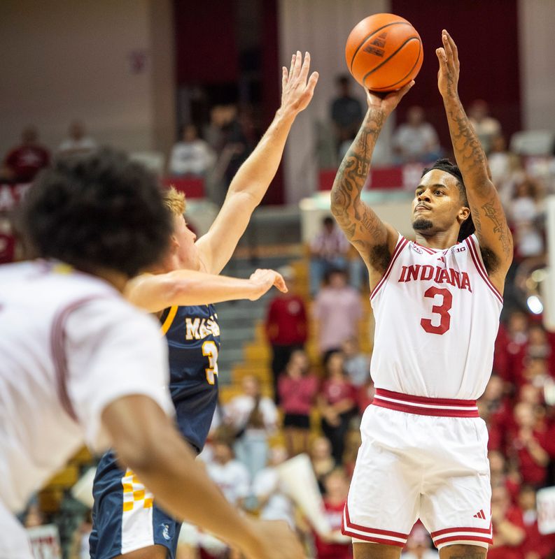Indiana's Lamar Wilkerson (3) shoots during the Indiana versus Marian men's basketball game at Simon Skjodt Assembly Hall on Friday, Oct. 17, 2025.