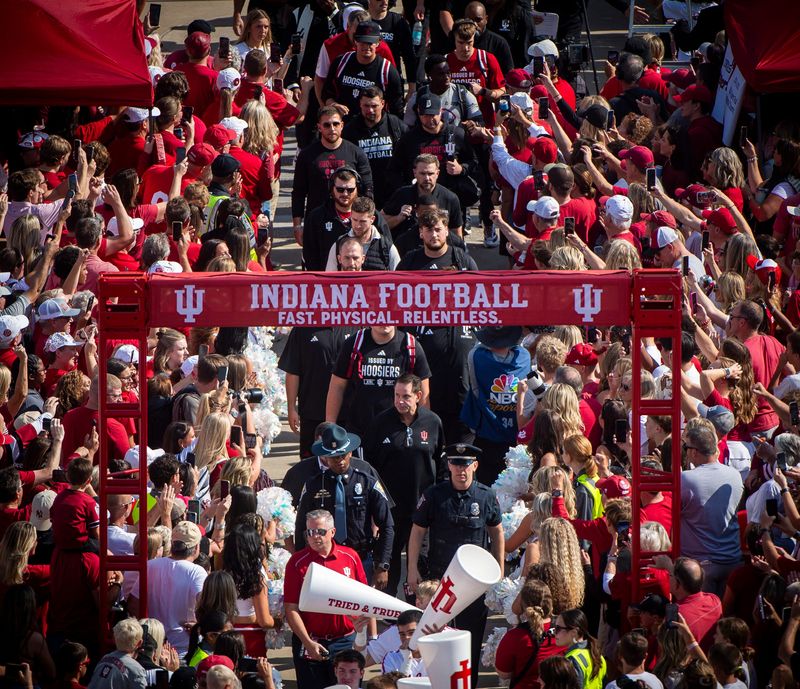 Indiana Head Coach Curt Cignetti leads the team toward the stadium during The Walk before the start of the Indiana versus Michigan State football game at Memorial Stadium on Saturday, Oct. 18, 2025.